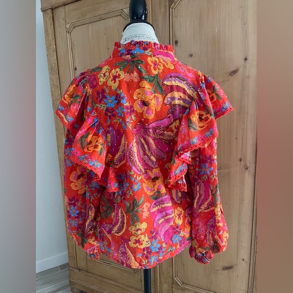 FARM Rio Red Spring Bananas Ruffle Cotton Blouse - Picture 2 of 8